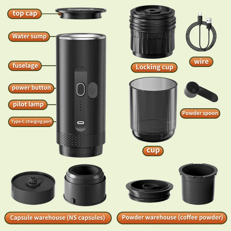 Machine à café expresso électrique sans fil 2 en 1, pour voiture et maison, Camping, cafetière Portable, capsules de poudre, cafetière de voyage